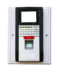 The fingerprint scanner to record working time isolated on white background with clipping path.