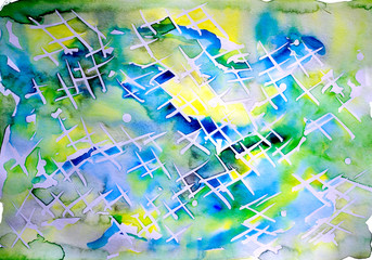 Abstract multicolored blue-yellow-green paint stain with graphic elements