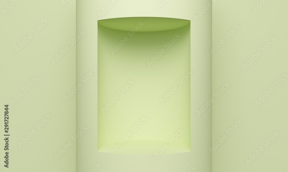 Poster abstract geometric green background with shelf. backdrop design for product promotion. 3d rendering