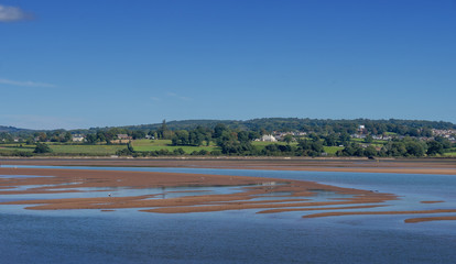 Sunny day view of the river Exe estuary at Exmouth, low tide with sandbanks. Devon, England. No people.