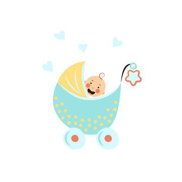Cartoon style icon of a happy baby boy in a baby carriage. Baby shower.