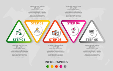 Vector infographic template with triangles and five circles. Business geometric concept with 5 options, parts, steps. Used as timeline, workflow, presentation, diagram, flyers, banner, chart