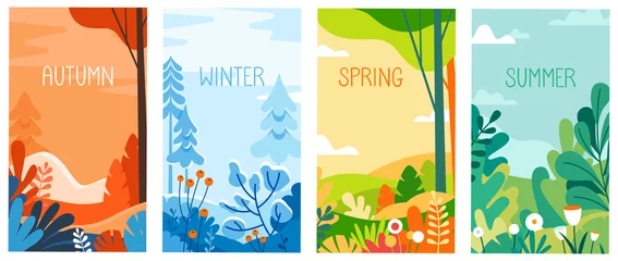 Fotobehang Seasonal vertical banners for social media stories wallpaper - autumn, winter, spring and summer landscapes © venimo
