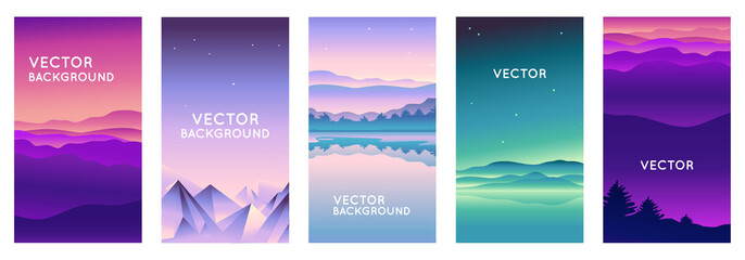 Vector set of abstract backgrounds with copy space for text and bright vibrant gradient colors - landscape with mountains and hills  - vertical banners and background for  social media stories, banner - obrazy, fototapety, plakaty