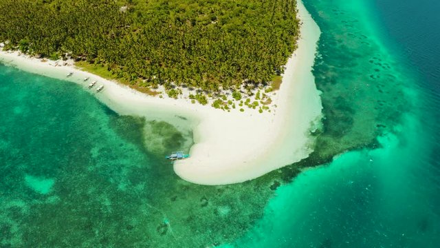 Patongong Island, Palawan, Philippines. Tropical island with palm forest and white sand. Atoll with a green island, view from above.