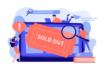 Popular show, best concerts and music festivals searching. Online booking system. Sold-out event, sold-out crowd, no tickets available concept. Pink coral blue vector isolated illustration