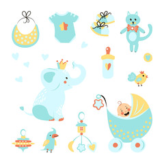 Icons of cute elephant, shoes, bib, rattle, overalls, cat, fish, parrot toy, baby boy in the stroller for a baby shower.
