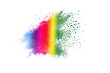 Freeze motion of colorful color powder exploding on white background.  Paint Holi.