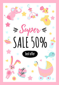 Design template card for the baby shop. Background with text "Super. Sale 50%.