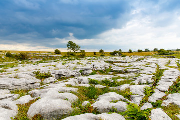 Poulnabrone Dolmen in Ireland, Uk. in Burren, county Clare. Period of the Neolithic with...