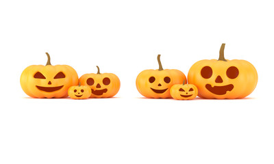 3D rendering , Group of pumpkin heads with happy emotions for Halloween decoration, Fun and scary pumpkins, Isolated on white background, clipping path