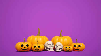 3D rendering Pumpkins and Skull on Purple background ,jack o lantern face, halloween concept