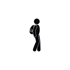 Obraz premium Tourist pictogram. Icon man with a backpack isolated on white background. Stick figure human silhouette.