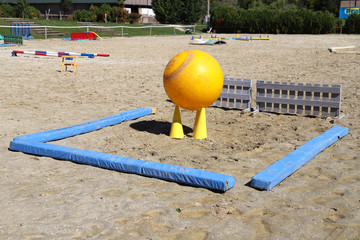 Colorful barriers on the ground for jumping horses and riders at riding school as a background