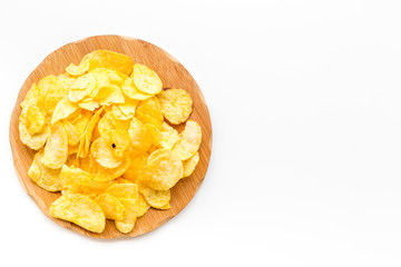 Potato chips ready to eat on white background top view mock up