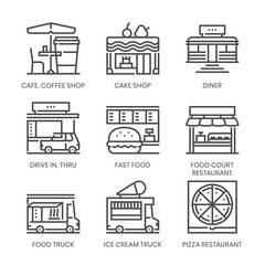 Restaurant types related, square line vector icon set for applications and website development. The icon set is pixelperfect with 64x64 grid. Crafted with precision and eye for quality.