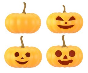 3D rendering, Collection of pumpkin heads with different emotions for Halloween decoration, Fun and scary pumpkins set,clipping path, isolate on white background