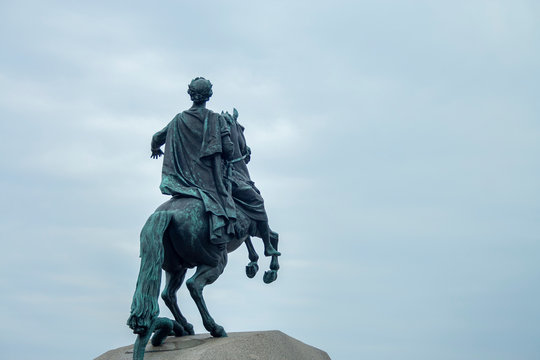 Historical Statue of the monument to Peter 1 Great, view from back, Bronze monument in Saint-Petersburg at cloudy day