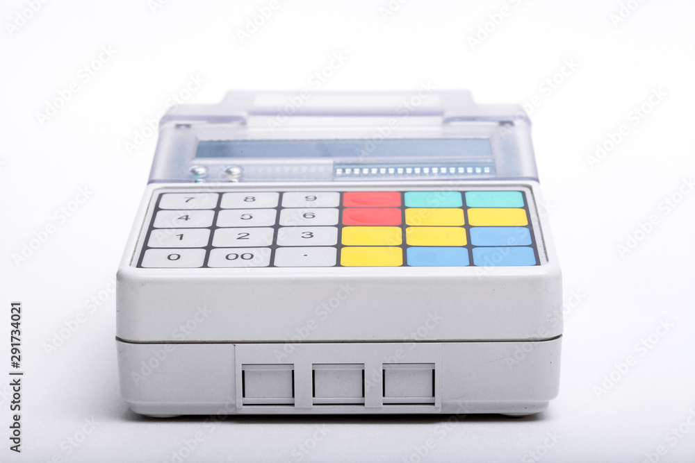 Poster cash register with colored buttons on a white