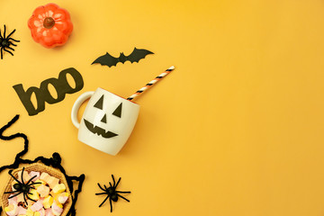 Table top view aerial image of decoration Happy Halloween day background concept.Flat lay...