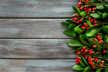 Green leaves and red berries frame on wooden background top view copyspace