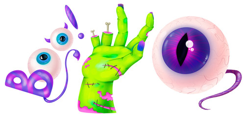 Zombie hand, writing BOO, eye with nerve.