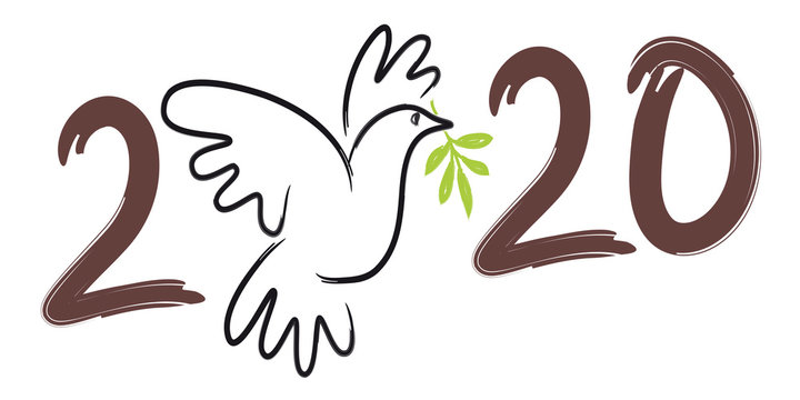 Illustration au trait d’une colombe avec un rameau d’olivier, pour souhaiter une année 2020 sous le signe utopique de la paix dans le monde.