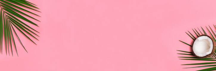 Banner with palm leaves and half of coconut on the pink background