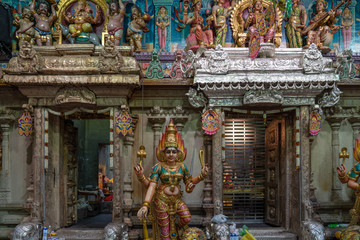 Colourful statues of Hindu religious deities adorning at Sri Veeramakaliamman Temple