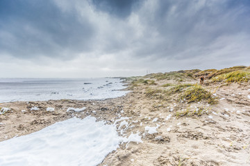 Severe storm along Dutch North Sea coast put Beach to the dunes under water against a background with dark clouds and foaming sea