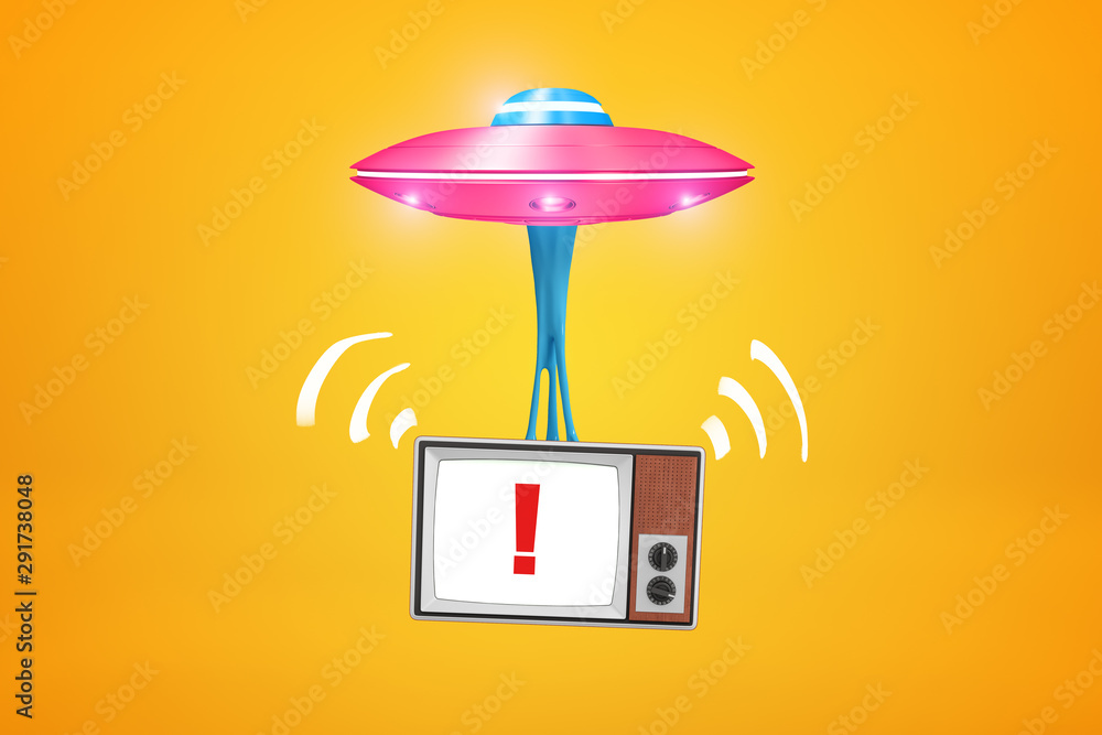 Aufkleber 3d rendering of pink ufo with retro tv set with exclamation mark on screen hanging below it on amber