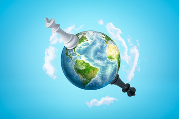 Naklejka premium 3d rendering of Earth in blue sky, with huge black and white chess kings on opposite sides of planet.