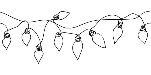 Festoon, garland, glowing light vector seamless border. One continuous line drawing garland for celebration, festival, carnival, xmas, new year banner, background. © alstanova@gmail.com