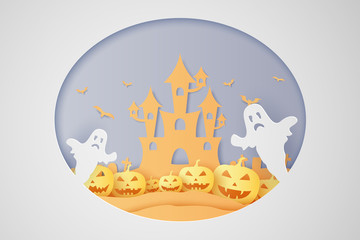 Halloween pumpkin, castle, ghost and graveyard, paper art style