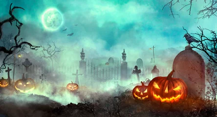 Foto op Plexiglas Halloween pumpkins on the graveyard © mythja