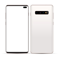 New modern frameless white smartphone with blank screen and back side with camera isolated on a white background. Vector eps10
