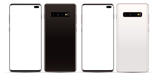 New modern frameless smartphones in black and white with blank screens and backs with cameras, isolated on a white background. Vector eps10 - obrazy, fototapety, plakaty