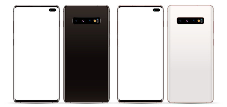 New modern frameless smartphones in black and white with blank screens and backs with cameras, isolated on a white background. Vector eps10