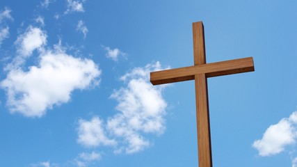 Wooden cross isolated on the blue sky. 3d illustration.