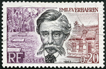 FRANCE - 1963: shows Emile Adolphe Gustave Verhaeren (1855-1916), memorial at Roisin and residence, Issued to honor famous men of the European Common Market countries, 1963