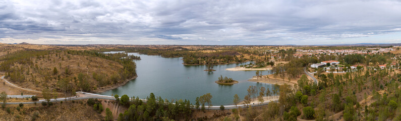 Aerial view of Mina de Sao Domingos, Tapada Grande River Beach lagoon, famous tourist destination, Alentejo, Portugal.