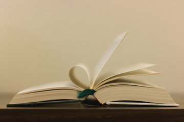 Open book on a wooden table in front of a cream colored background