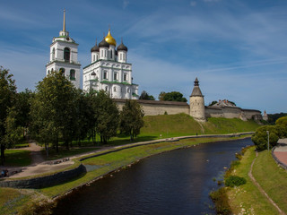 View of the Pskov Kremlin from the side of the bridge.