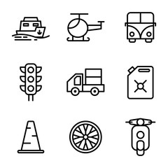 Transportation icon set include sea, transport, vehicle, ship, helicopter, flight, car, travel, traffic light, delivery, drum, fuel, oil, tank, Cone, construction, traffic, sign