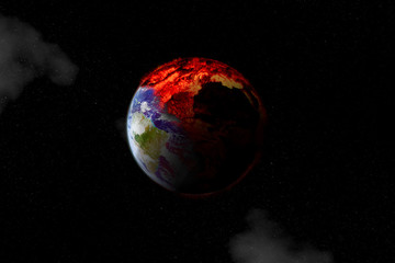 Earth halfway burning seen from outer space symbol of global warming or an apocalypse and disaster. Some elements furnished by NASA.