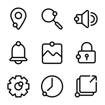 User interface icon including location, pin, direction, map, find, search, magnifier, ui, audio, sound, volume, bell, notification, alert, image, photo, picture, frame, lock, security, safe