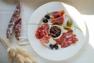 Dish with various sausages, assorted sausages on a plate