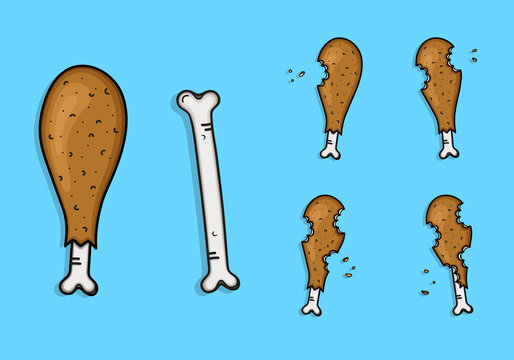Sketch of frame of chicken thigh eaten, animation chicken food, bone of chicken thigh