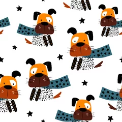 Dekokissen Nahtloses Muster mit Handtinte gezeichnetem Hundeheld. Kreative kindliche Textur im skandinavischen Stil. Ideal für Stoff, Textil-Vektor-Illustration © solodkayamari
