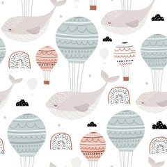 Fototapety  Seamless childish pattern with sleeping whales hot air balloons. Creative kids hand drawn texture for fabric, wrapping, textile, wallpaper, apparel. Vector illustration